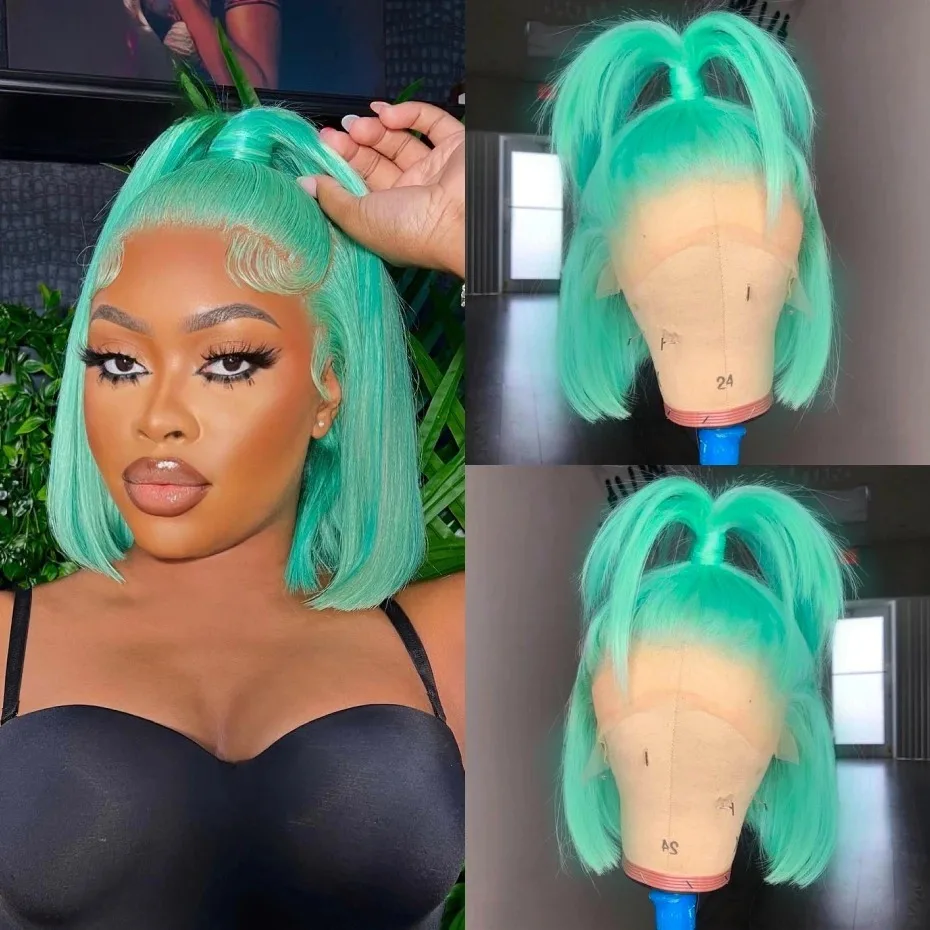 

Сине-зеленые короткие парики-каре с кружевной вставкой 13x4, 13x6, прямые, сине-голубые, короткие парики-каре с кружевной передней частью, синтетические, для косплея