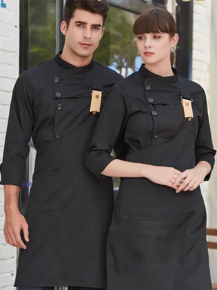 Abbigliamento da lavoro per Chef dell'hotel manica lunga da uomo ristorante cucina cottura giacca da cuoco e grembiule Set Logo uniforme da lavoro personalizzata vendita