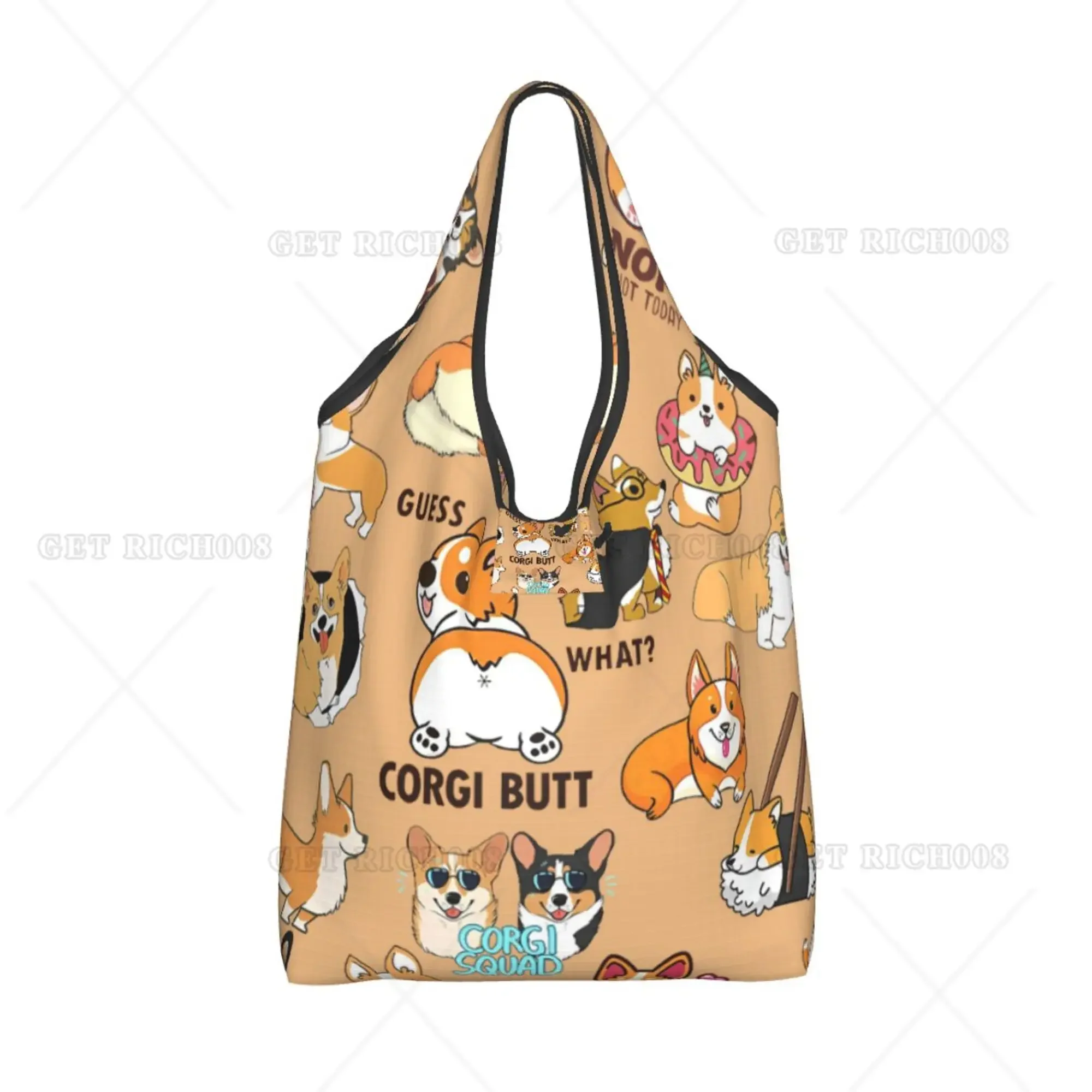 Kawaii Animal Corgi Butt Folding Tote Bag Shopper Bag Portable Eco Grocery Bags No Zipper Bag for Women Men Work Picnic Bag