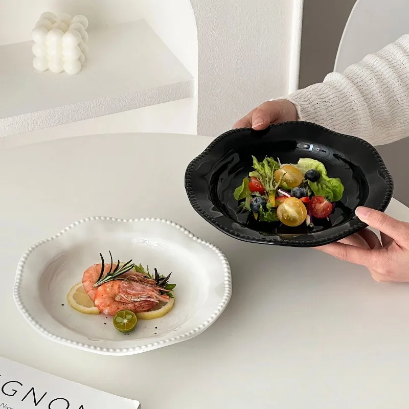 Elegant Beaded Ceramic Plates Black White Wavy Plate Ceramic Salads Seafood Serving Plates Ruffled Dinner Plate Kitchen Tools