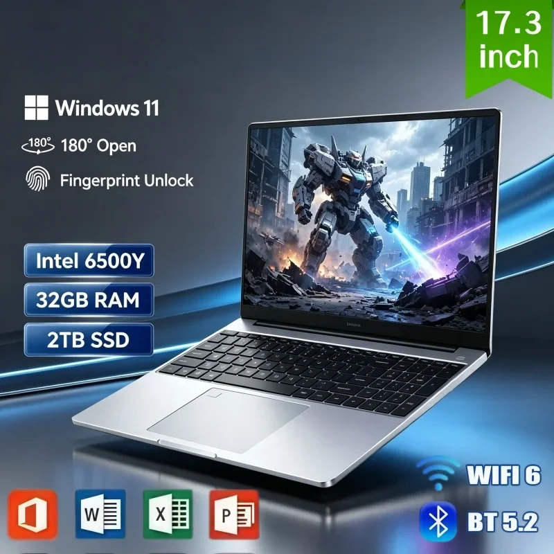 2026 New Arrival 17.3 Inch Intel 6500Y Notebook PC 32GB RAM 2TB SSD Windows 11 Fingerprint Unlock For Web Browsing & Gaming