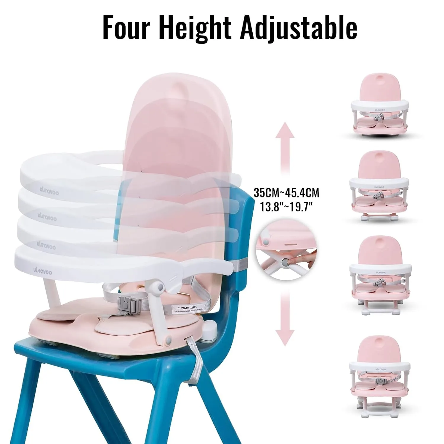 Baby Booster Seat สําหรับโต๊ะรับประทานอาหารพร้อมถาดและเบาะแบบถอดได้, 3 in 1 Portable Toddler Booster Seat, ปรับความสูงได้ 4 ระดับ