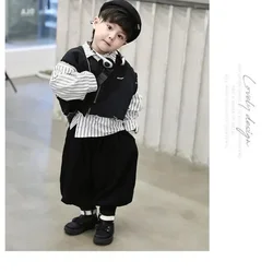 3 Pcs Set Boys 2025 Spring Autumn New Korean Edition Children's Baby Fashion Handsome Shirt+ Knitted Vest+ Lantern Pants 1-9Y