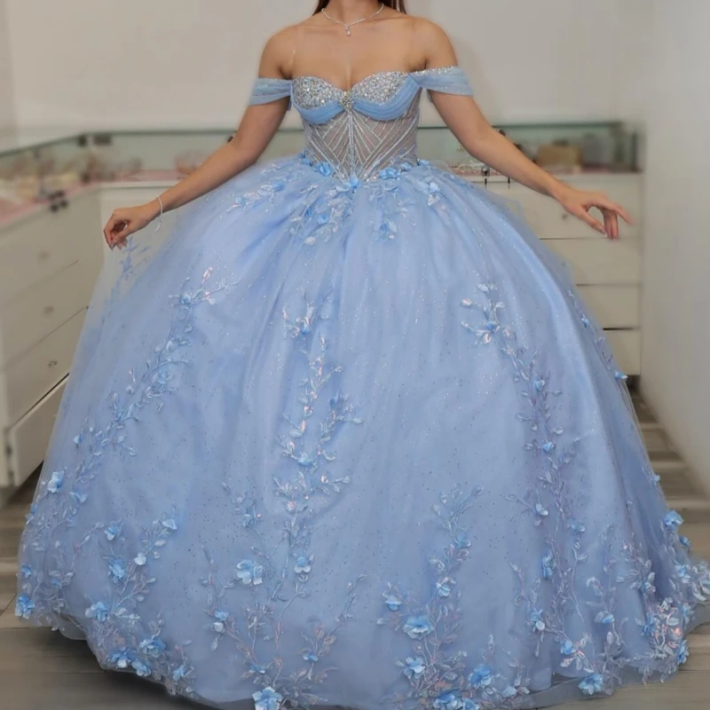 

Небесно-голубое блестящее платье Quinceanera с открытыми плечами, аппликация, цветок, бисер, кристалл, тюль, вечерние, день рождения, сладкое платье 16, Vestidos