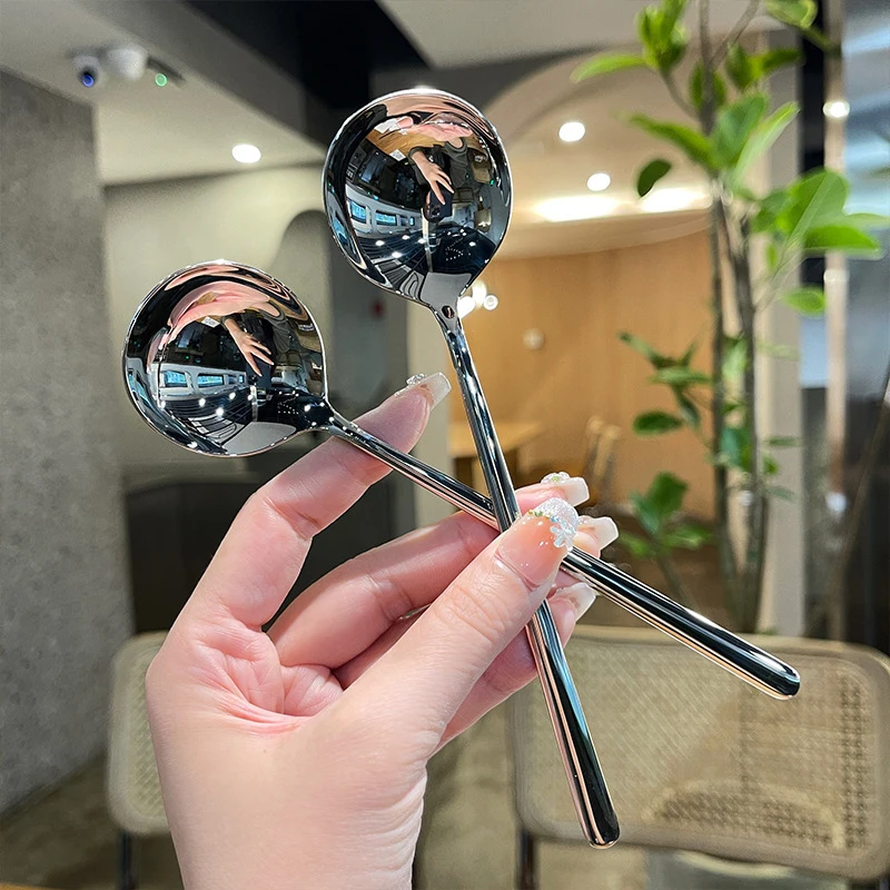 1pc Stainless Steel Round Spoon Net Red Gold Western Food Long Handle Stirring Dessert Spoon Kitchen Accessories Gadgets
