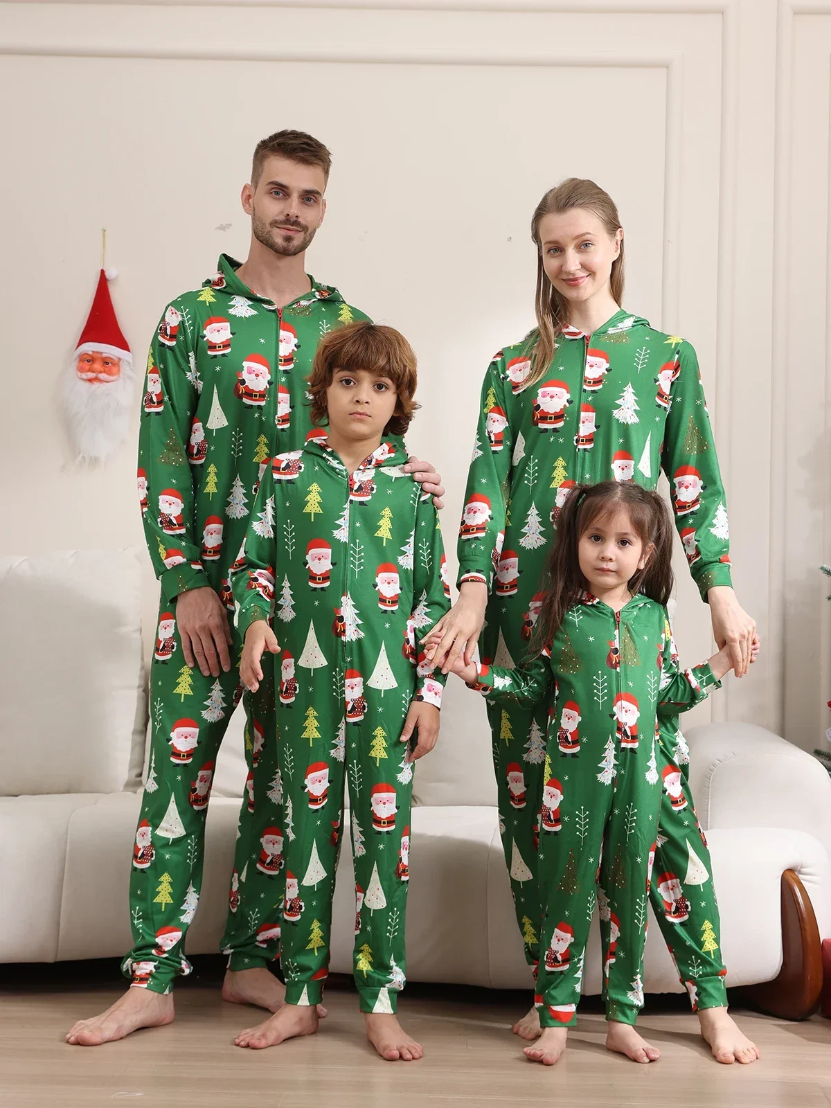 Fashion Christmas Family Pyjamas 2024 Xmas Cartoon Print Hooded Onesie Mother Kids Family Matching Outfits Holidays Baby Clothes