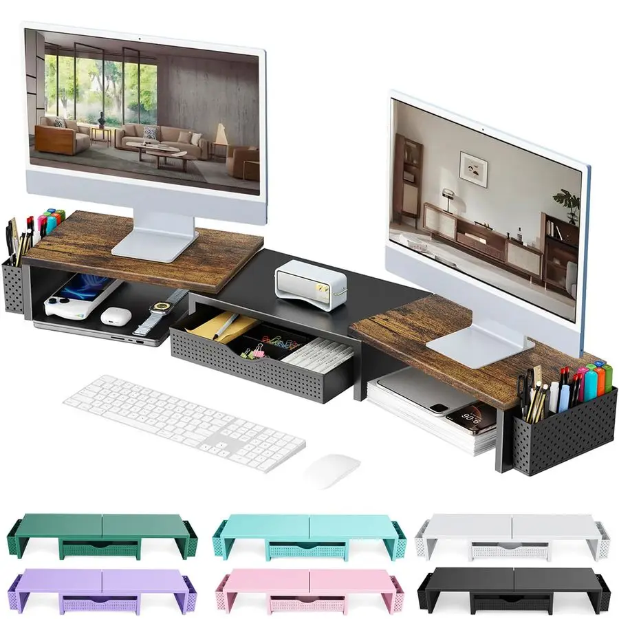 

Подставка для двух мониторов, органайзер для стола с выдвижным ящиком и 2 держателями для ручек, подставка для компьютерного монитора, настольная полка для стола, дерево
