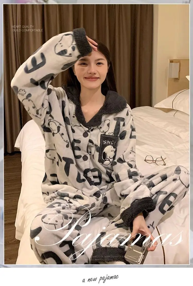 Snoopy Anime Coral Velvet Pajamas Girl Winter Velvet Thickened Cartoon Flannel Warm Loungewear Set Christmas Birthday Gift