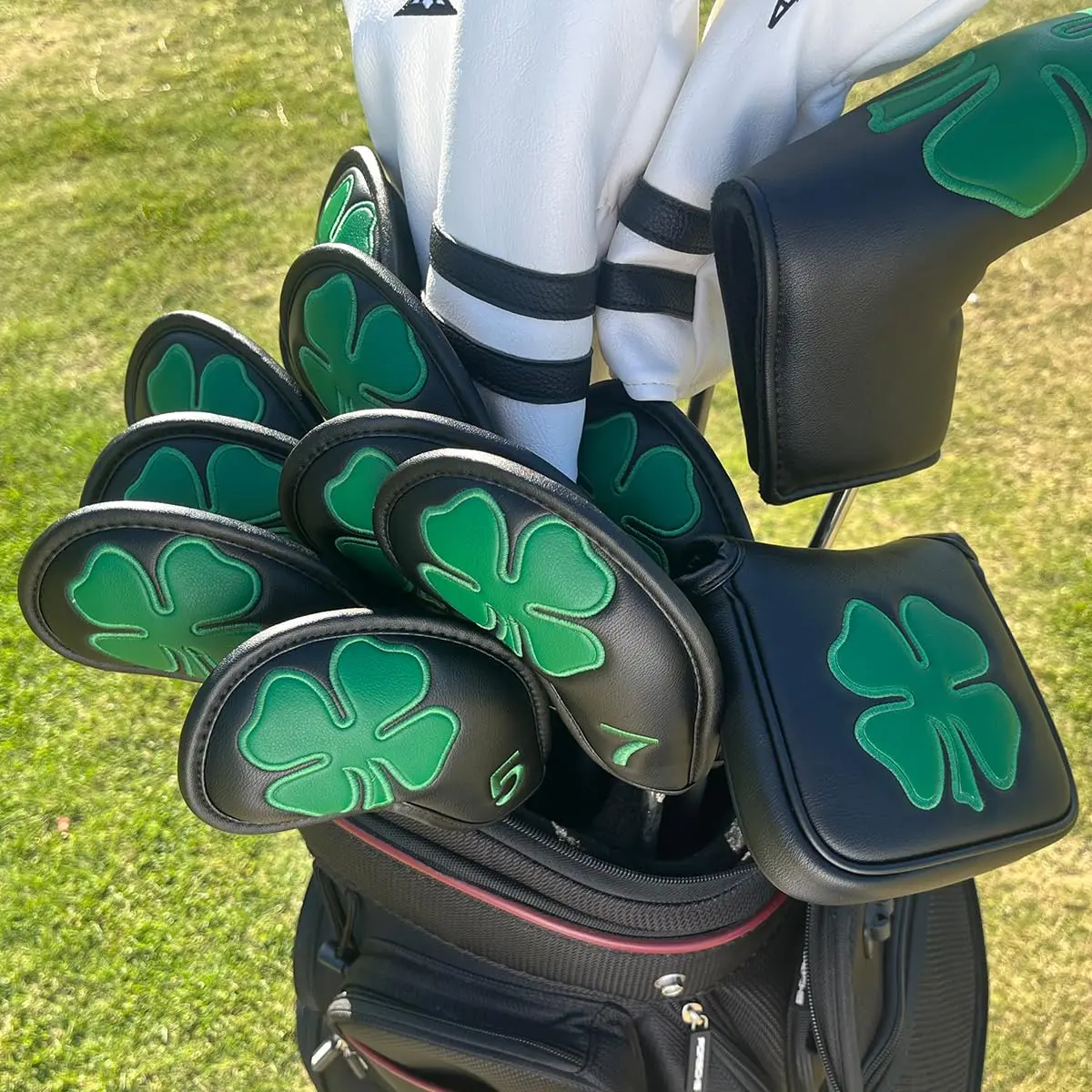 Golf Iron Head Covers Black Lucky Clover Leather for Clubs 10pcs Golf Wedge Irons Headcovers Sets With Magic Tape Fit All Brands - view 2