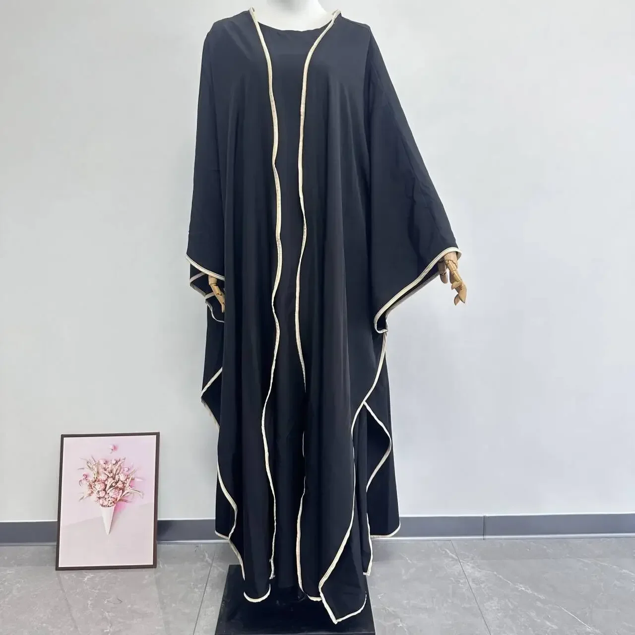 

New Abaya Set Crinkle Fabric Open Abaya+Inner Long Dress Islamic Clothing Muslim Women Dresses Set Turkish Kaftan Ramadan Eid