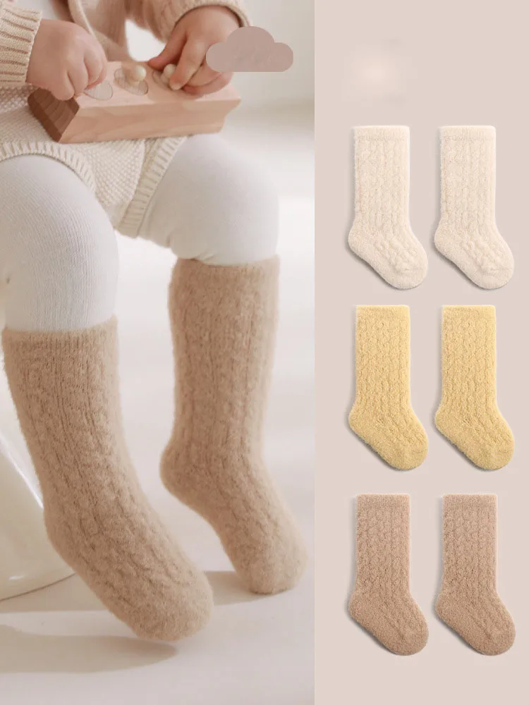 2024 Autumn Winter Newborn Baby Socks Kids Fleece Mid Tube Socks Solid Color Thickened Infant Toddler Boys Girls Warm Socks