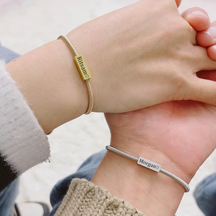 Customizable Lover Bracelets, Stainless Steel Personalized Bangles with Your Names and Date, Ideal Anniversary Gifts