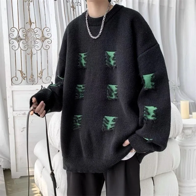 Pullover Man with Holes Aesthetic Korean Popular Clothes Top Autumnr and Winter Knitwear Y2k No Hoodie Knitted Sweaters for Men