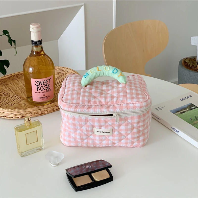 New Cosmetics Storage Bag Korean Ins Plaid Makeup Bag Large Capacity Japanese Cute Style Portable Washing Bags