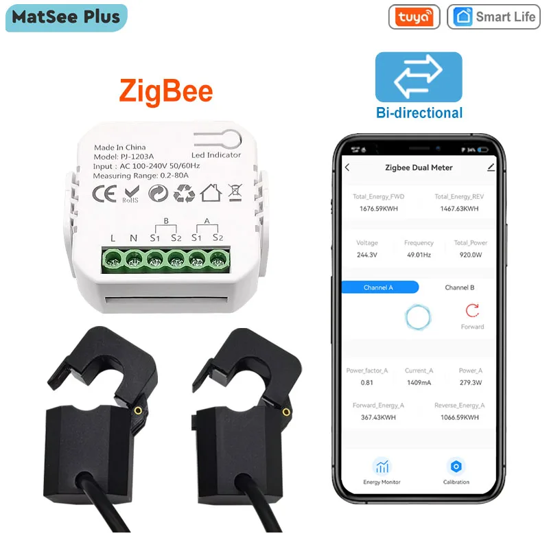 Tuya Smart Life Zigbee Medidor de Energia em Dois Sentidos Canais com Transformador de Corrente Braçadeira App Monitor Potência 80a 110v 240v 50 60hz
