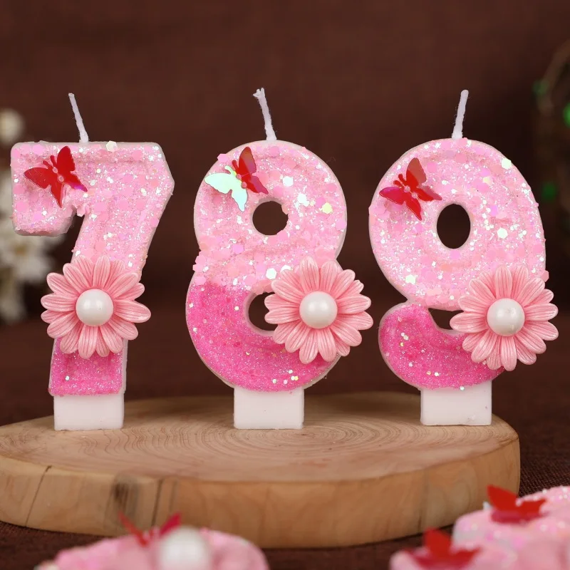 Pailletten Rosa Blumen Schmetterling Digitale Geburtstagskerze - Handgemachte Kuchen-Party-Dekoration