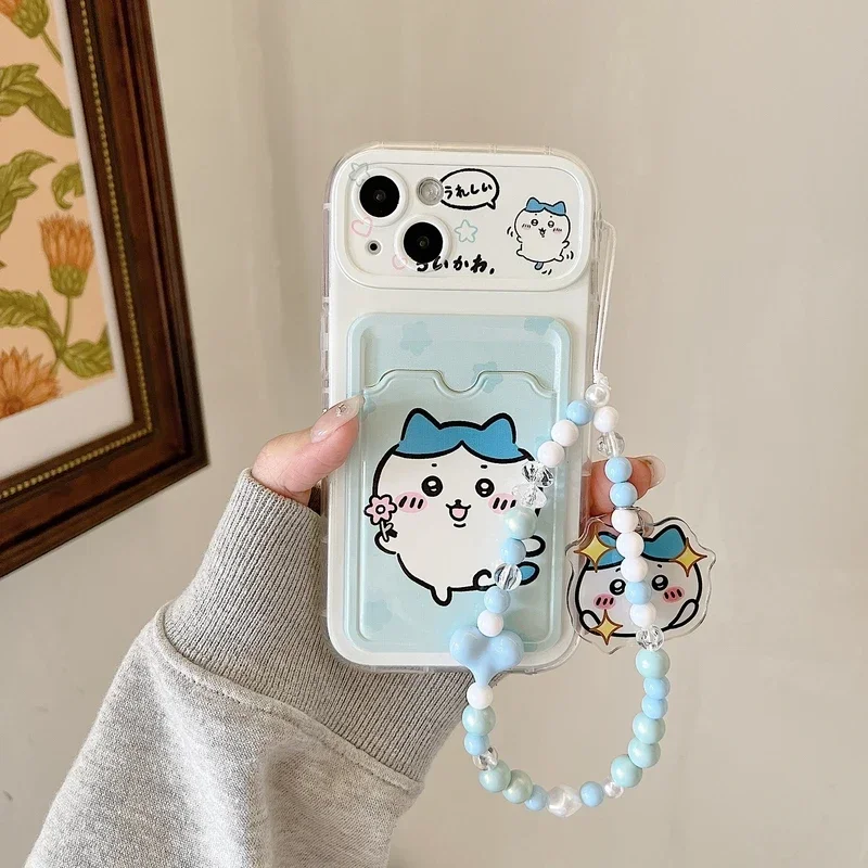 Cute Cartoon Japan Anime Sanrio Chiikawa Card Wallet Pocket Phone Case per iPhone 16 15 14 13 12 11 Pro Max Cover con cordino