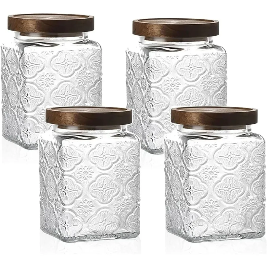 

Винтажная стеклянная герметичная банка для хранения из 4 штук, с герметичной деревянной крышкой, кухонными контейнерами для хранения продуктов питания, для кухонной стойки, кладовой