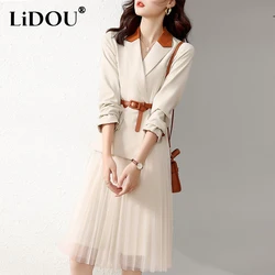 Spring Autumn Elegant Fashion Fake Two Pieces Pleated Waist Dress Office Lady Temperament Patchwork Midi Robe Vestidos De Fiesta