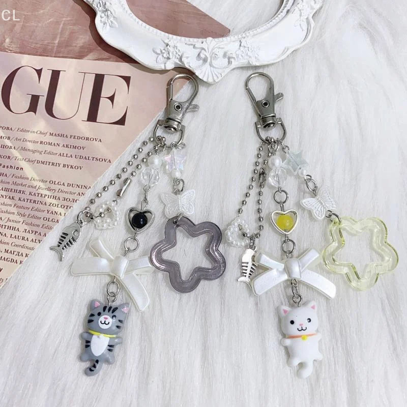 

Unique Cat Keychain with Five-Point Star, Mini Fish & Butterfly Bead; Anti-Loss Lanyard for Mobile, Earphone, Camera Chain