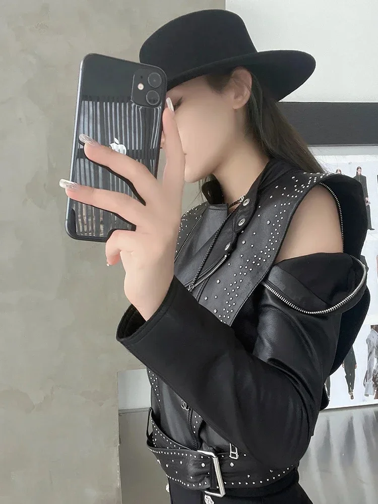 Cropped Black Real Sheepskin Coat for Women 2024 Trend Removable Sleeve Ruffled Diamond Design Motorcycle Genuine Leather Jacket