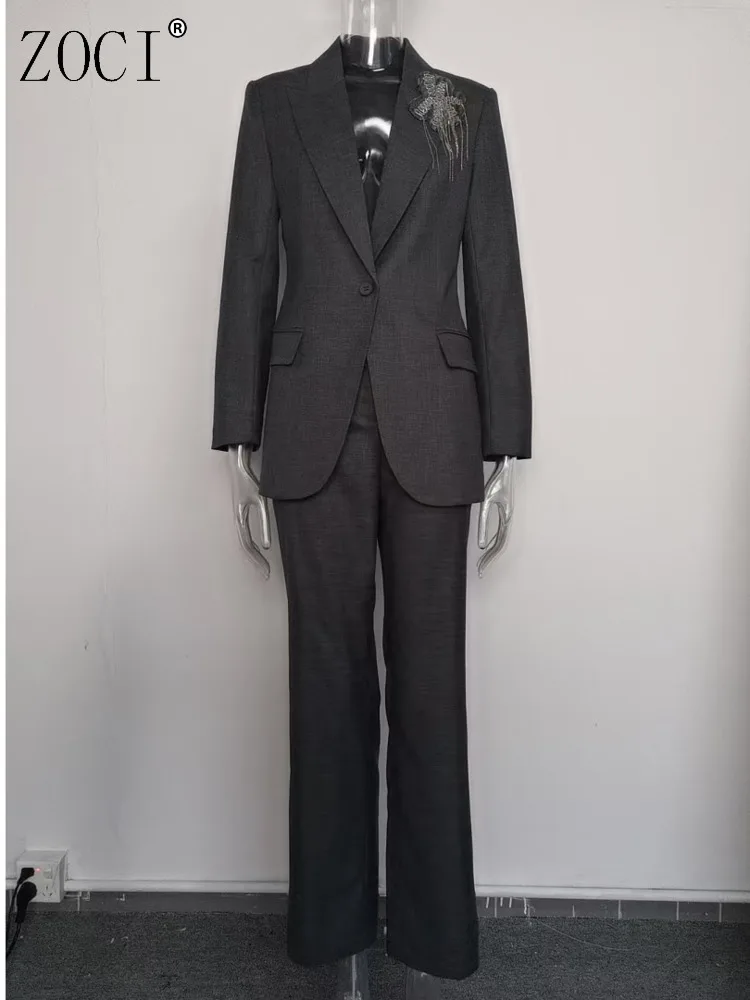 

ZOCI Female 2 Piece Suit Set Women's 3D Patchwork Decoration Blazer High Waist Straight Suit Pants Unique Design 2025 Autumn New