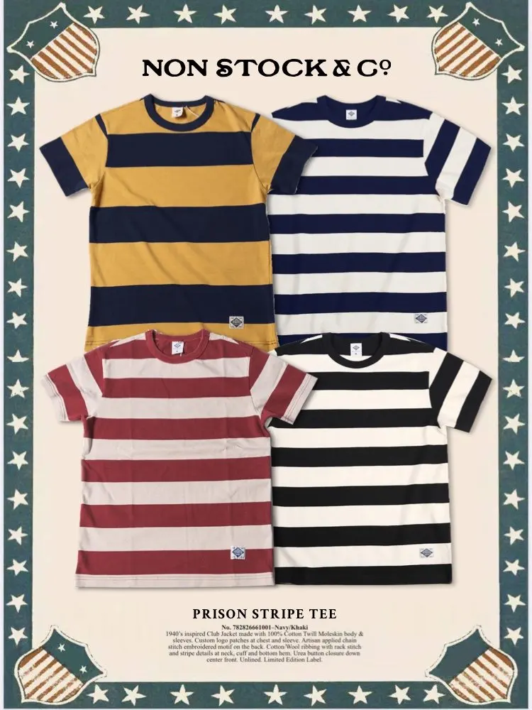 Hall Class NonStock Prisoner Stripes Short Sleeve T-Shirt American Retro Ameikakie Heavyweight 280g Pure Cotton Casual round ...