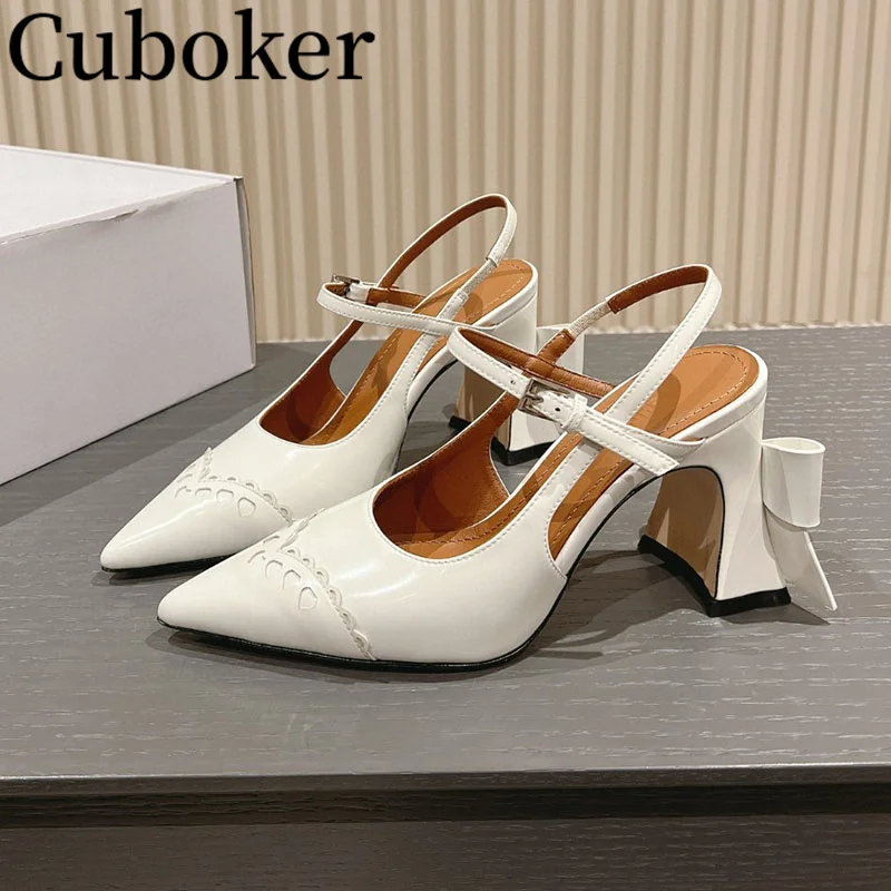 

2024 Spring Summer Women's Sandals Luxury Chunky Heels Ladies Shoes Genuine Leather Bow Knot Pumps Female Dress Banquet Pumps