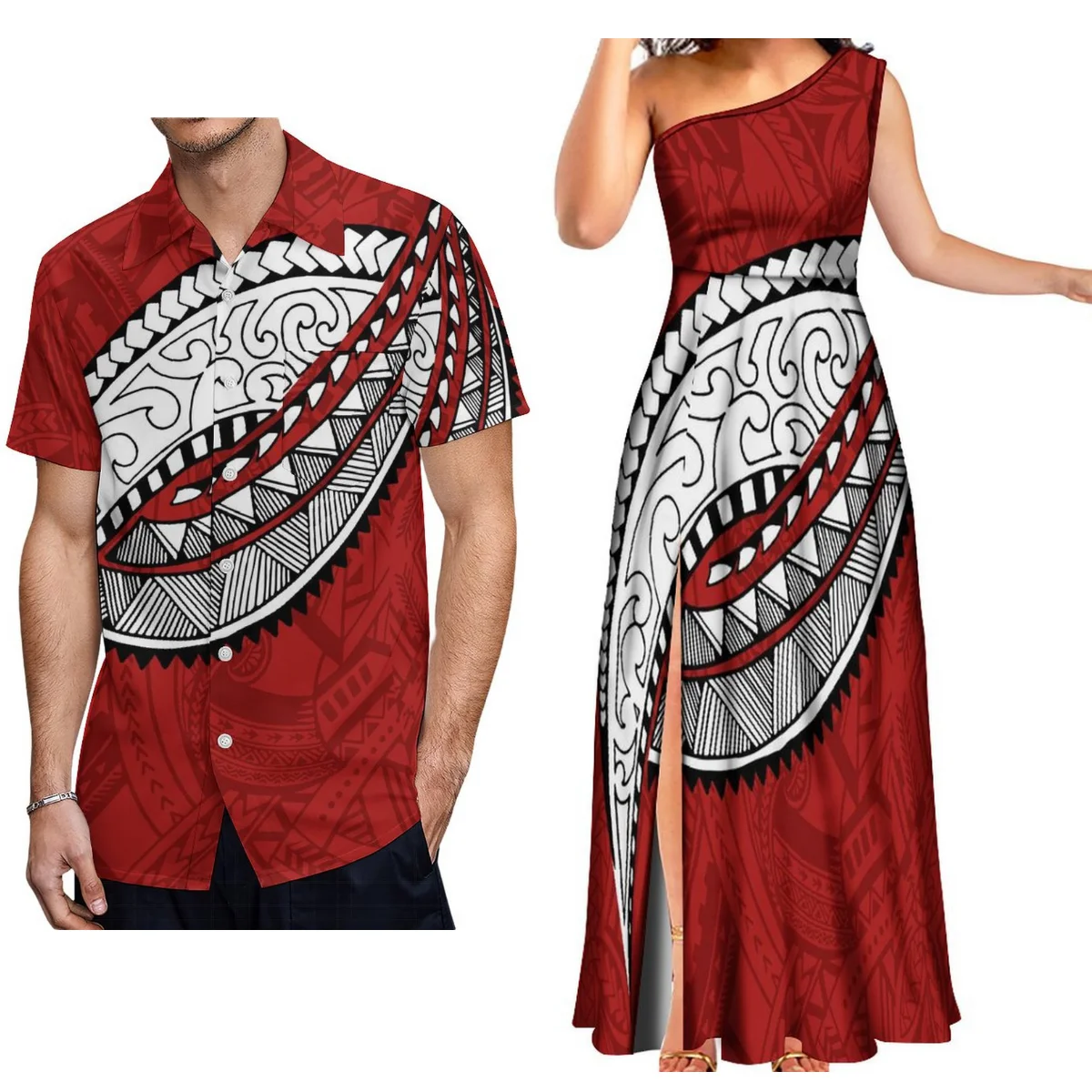 Fashion Couple Set Women'S One-Shoulder Dress Polynesian Islands Custom Fiji Tonga Feature Dress Men'S Shirt