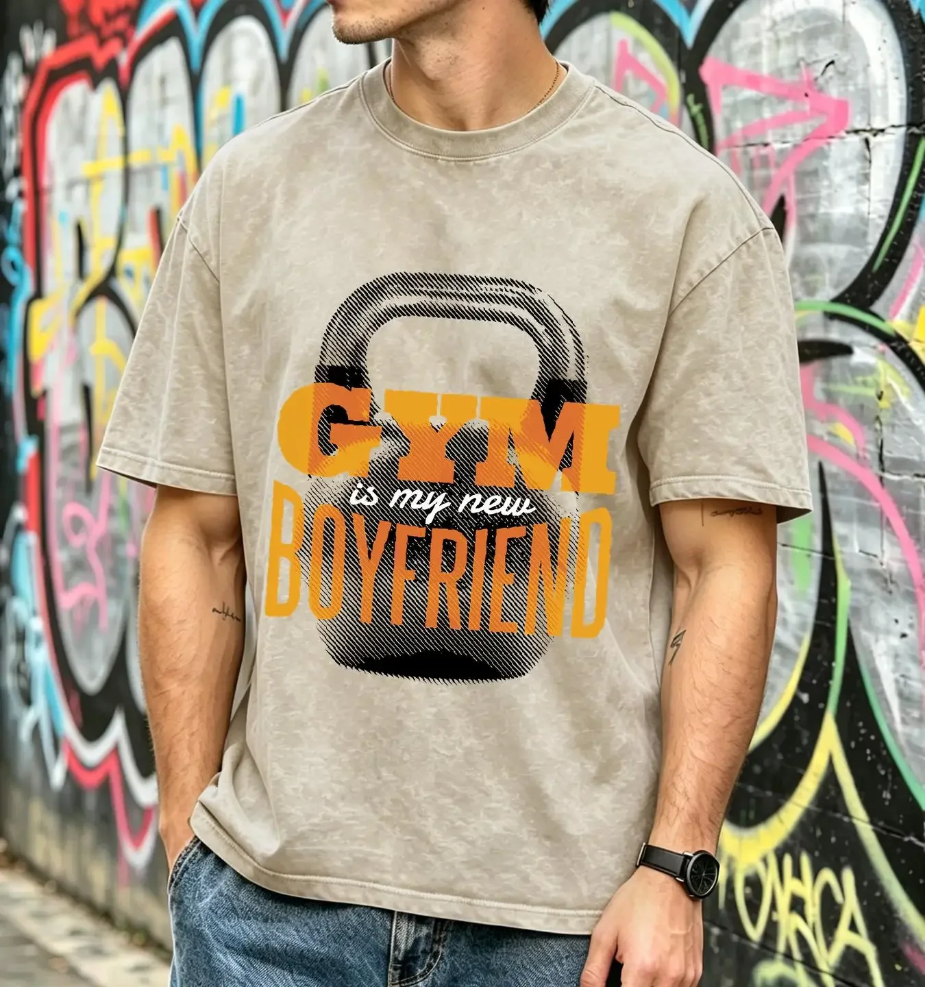 washed T Shirt Gym is my New Boyfriend Kettlebell In The Background Women's long or short sleeves vintage Washed Breathable