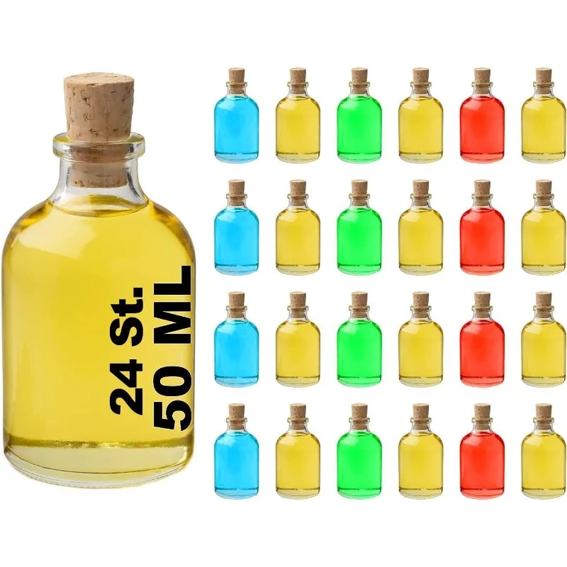 

Small Empty Glass Bottles 24 x 50ml Miniature Reusable Refillable Cork Lids - Airtight for Sloe Gin, Oil (24 x 50ml)
