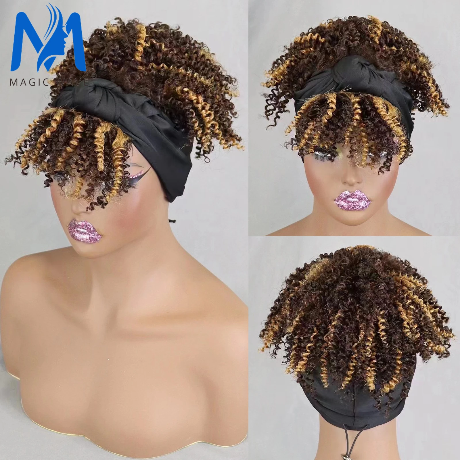 

Highlight Ombre Machine Made Headband Wigs for Black Women 200% Density Afro Kinky Curly Human Hair Wigs Scarf Wig with Bangs