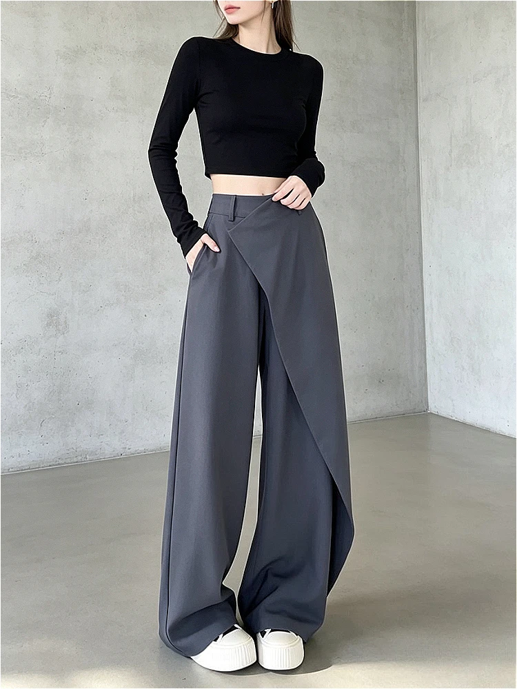 Modigirl Women Solid Color High Waist Wide Leg Pants Irregular Wrap Split Joint Button Casual Office Women's Trousers Bottoms