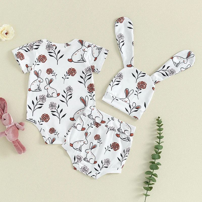 Suefunskry Lovely Baby Shorts Set, Cute Rabbit Flower Print Short Sleeve Romper with Shorts and Hat Easter 3Pcs Outfit