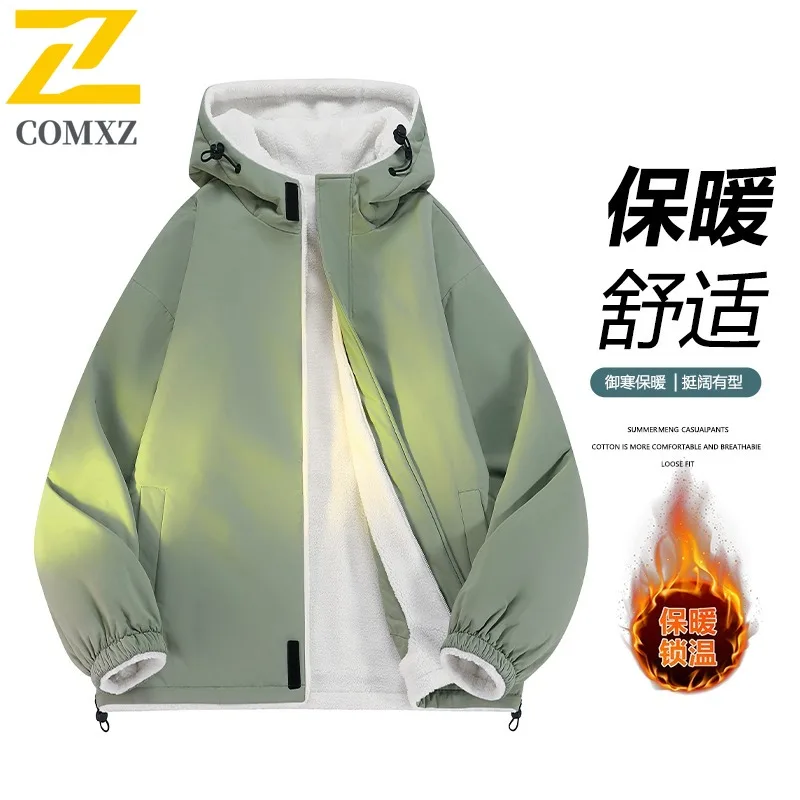 COMXZ 2025 Mens Reversible Sherpa Lined Winter Jacket Hooded Unisex Cotton Coat Fashion Casual Warm Outwear for Teens Adults