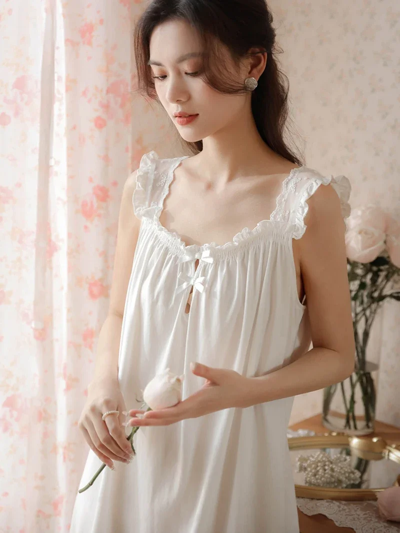 Women White Summer Cotton Sleeveless Night Dress Long Nightdress Sweet Lace Peignoir Victorian Nightgowns Princess Sleepwear