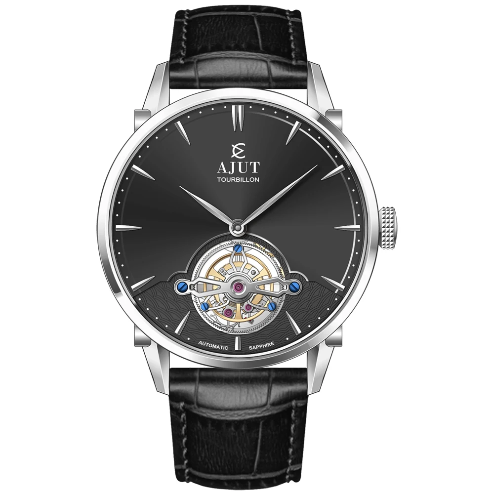 AJUT 0358 Automatic Mechanical Men's Luxury Watch Simple Bussiness Skeleton Flying Tourbillon Man Watch Sun-patterned Dial