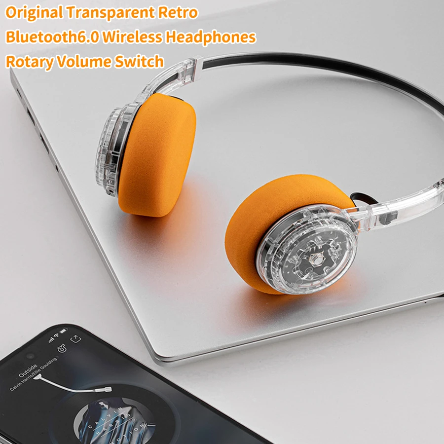 

Original Bluetooth6.0 Wireless Headphones Transparent Retro Rechargable Headset Rotary Volume Switch Long Battery NoiseReduction