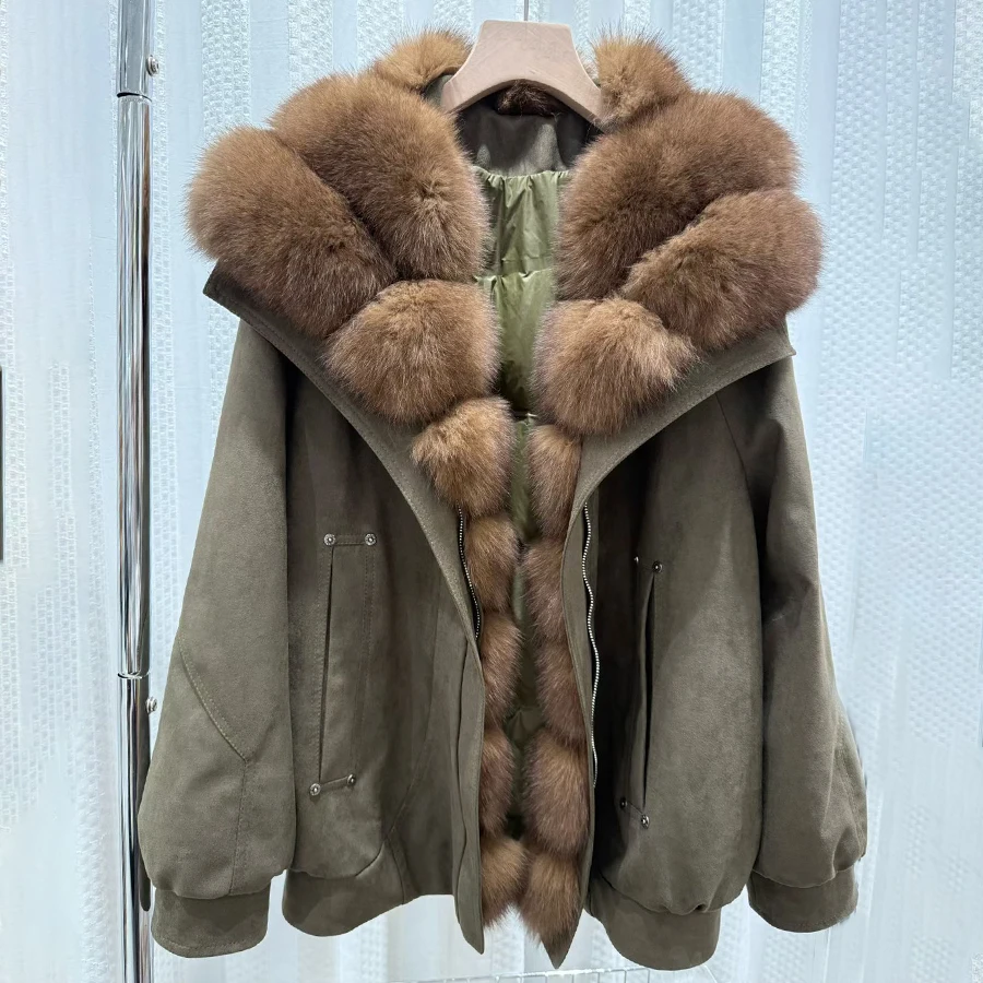 Damen Winterjacke Echte Fuchspelzjacke Natürliches Fuchspelz Flauschige Jacke Luxusmarken Kurze Echtpelzjacke