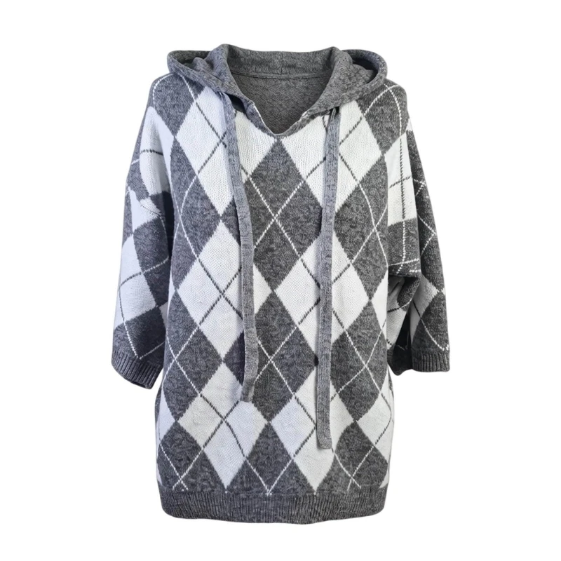 Knitted sweater, print casual hooded sweater, drawstring sweater, knitted top 6XDA