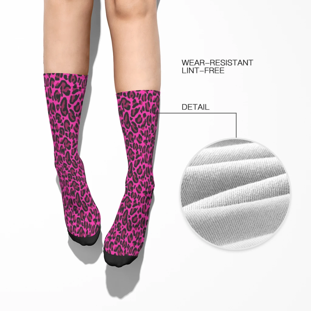 Hot Pink Y2K Aesthetic Leopard Print  Straight Socks Male Mens Women Spring Stockings Polyester Polyester