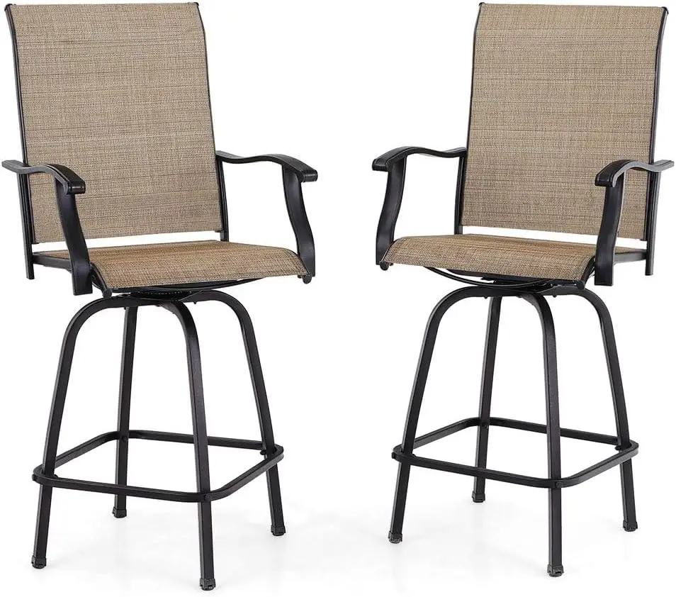 Swivel Outdoor Bar Stools, Bar Height Patio Chairs, 30 Inch Barstools set of 2 with High Back and Armrest,Brown