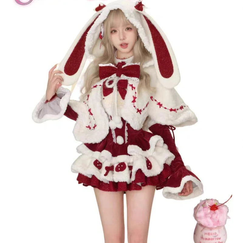 Winter Christmas Lolita 3 Piece Sets Women Kawaii Plush Bunny Ear Hooded Cloak Coat Bow Mini Dresses Korean Style Y2k Sweet Suit