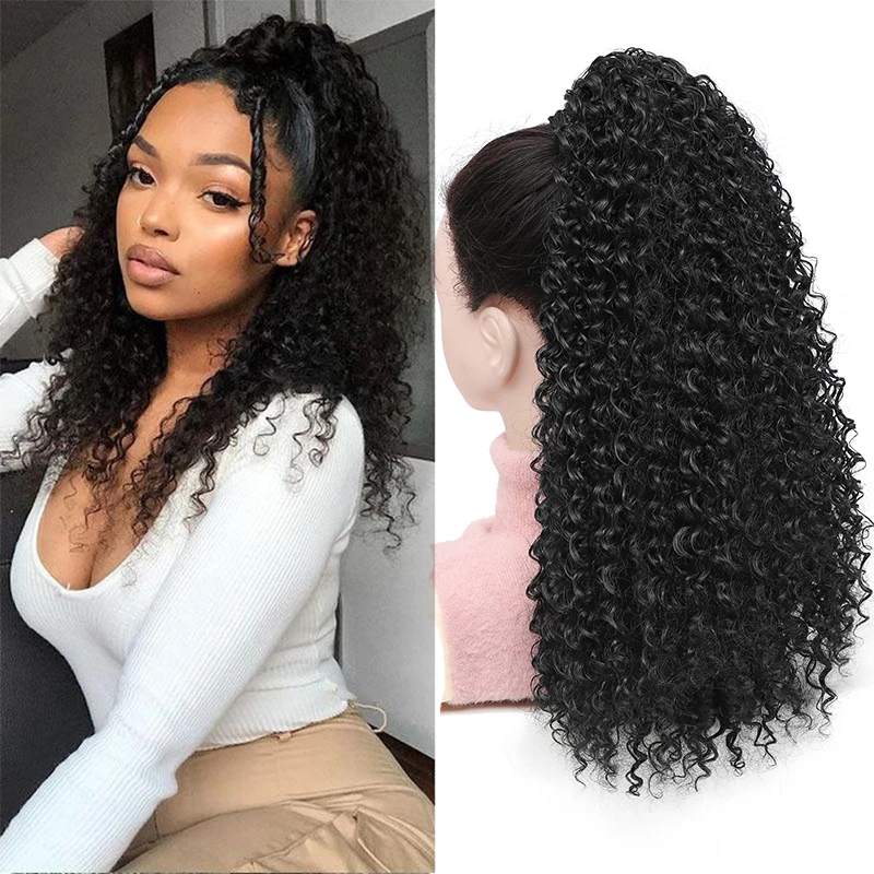 Rabo de cavalo encaracolado sintético do afro para mulheres longo, macio, peruca, cauda falsa, extensões do cabelo, preto, perverso, cauda do cavalo, 20"