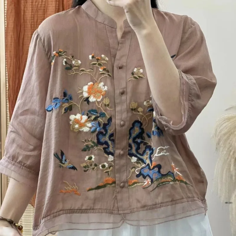 Art Retro Embroidery Summer Women's 2024 New V-neck Panel Button Comfortable Elegant Loose Short Sleeve Cotton and Hemp Shirts