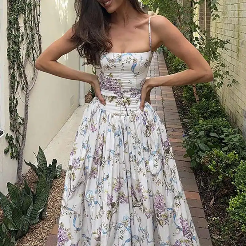 

Elegant Pleated Summer Holiday Dresses Flower Print Off Shoulder Waist Party Garden Banquet Suspender Women's Long Dress