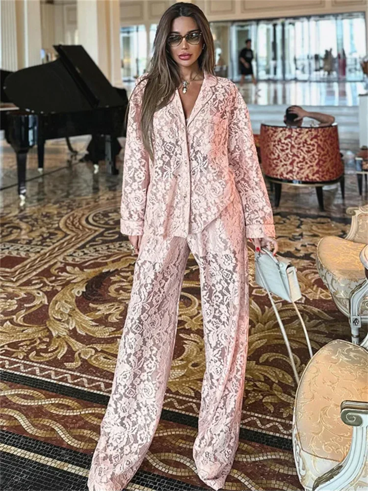 

Lace Hollow Out Printed 2 Piece-Set Trousers Female See-Through Sexy See-Through Shirts And Fashion Women's Pants Outfits