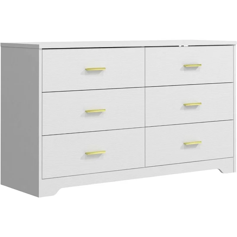 Modern 6 Drawer Wood Dresser, Wood Lateral Chest of Drawers Storage Organizer with Wide Drawers & Metal Gold Handles