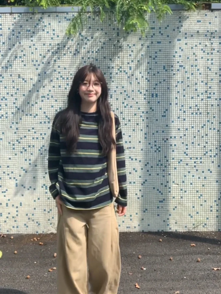 Coreano College Sle Long Sve T-shirt da donna Allentata Casual rotonda Ne Top a righe Umidità ng Cotone assorbente del sudore