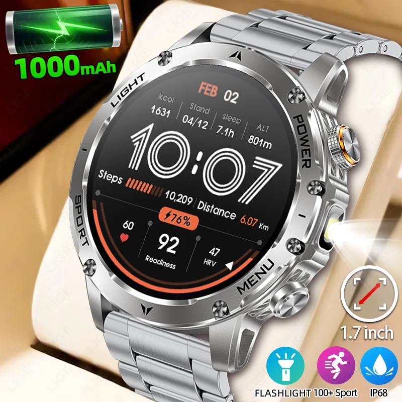 

Военные мужские умные часы с большой батареей 1000 мАч, светодиодный фонарик, 3 атм, спортивные умные часы, монитор здоровья, BT Call, умные часы Android